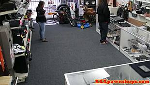 Pawnshop amateur doggystyled out the back, getting blowjob and facial in hidden cam