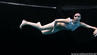 andrejka swims naked in pool, public underwater nude