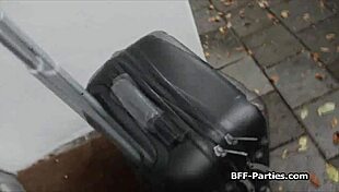 Three stunning stewardesses take turns pleasing a massive shaft on the ground.