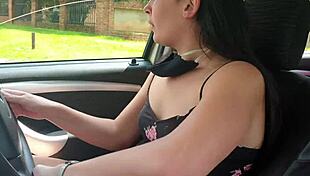 Driving Wild with Public Upskirt Flashing and Fingering in Car. Who’s Watching This Solo Show?
