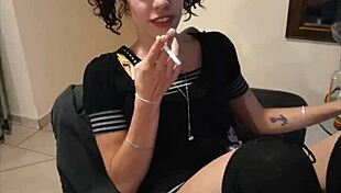 Skinny Slut In Short Dress Smoking Showing Her Pussy