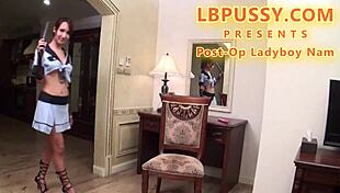 Post-op ladyboy nam dildoing in police cosplay