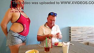 Naked Waitress Restaurant Guest Eats From Navel