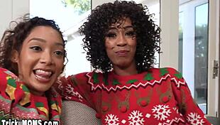 Ebony milf and black teen, take this huge white dick hard together!