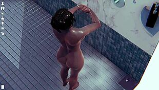 big tits in the shower, anime style sex scene