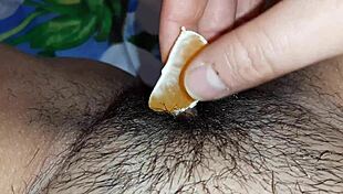 Girls Rub Clits with Mandarines in Wet Lesbian Play! Homemade Hairy Fun!