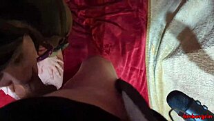 In the studio, the slut gives a sloppy POV blowjob with spitting