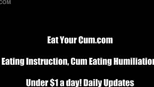 Watch this slave follow public cum eating instructions in humiliation