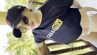 Blonde latina with tattoo depilates pussy to drive him wild watching her clit during blowjob