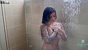 This voyeur boy spies on the ebony couple in the shower, watching doggystyle and muff diving before leaving her ass full of cum