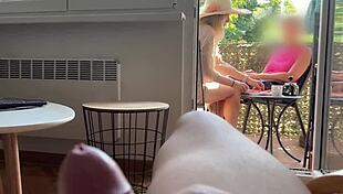 My husband jerks off and cums in front of stepmom while talking on balcony