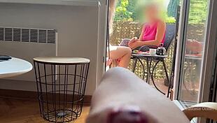 My husband jerks off and cums in front of stepmom while talking on balcony