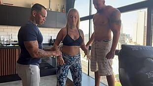two personal trainers fuck the blonde gym student's tight pink pussy in lingerie