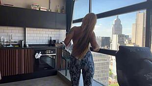 two personal trainers fuck the blonde gym student's tight pink pussy in lingerie