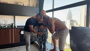 two personal trainers fuck the blonde gym student's tight pink pussy in lingerie