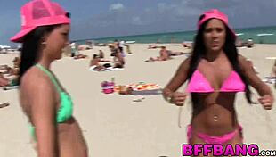 Babes pounded after some fun on the beach with monster cocks