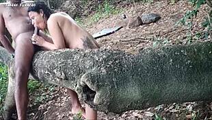 beautiful brunette couple having outdoor sex, almost caught in blowbang, got tasty cumshot