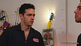 Muscular hunks rim and pound hard at service station