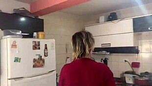 Blonde Brazilian prepares morning coffee in a special way.