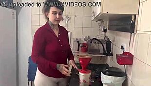 Blonde Brazilian prepares morning coffee in a special way.