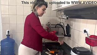 Blonde Brazilian prepares morning coffee in a special way.