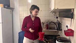 Blonde Brazilian prepares morning coffee in a special way.