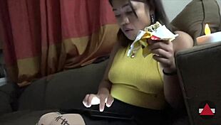 Asian amateur gives pre-cum footjob in pantyhose