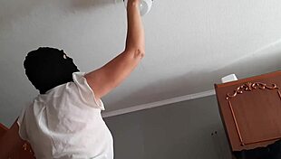 while my housekeeper washed the chandelier in the garage i watched her masturbate and jerked off in a lesbian illusion