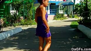 She flashes ass outdoor and sucks dick.