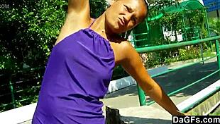 She flashes ass outdoor and sucks dick.