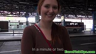 In public, a redhead euro gets jizzed on by a stranger outdoors