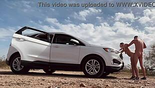 butt naked on the roadside, risky car sex with a hot blonde amateur