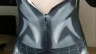 Asian Cosplay Girl as Female Spider-Man Teases Her Pussy with Vibrator.