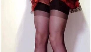 shemale in corset masturbates with stockings and heels