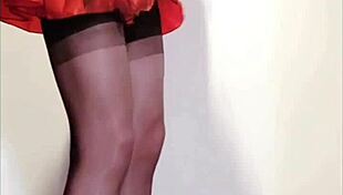 shemale in corset masturbates with stockings and heels