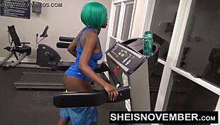 MsNovember cosplays as fit ebony working naked in gym, leading to rough standing public fuck with stranger
