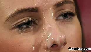 frisky babe gets jizz load on her face gulping all the load