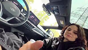 Pornstar gives fast car blowjob while driving on public with dirty talk and handjob.