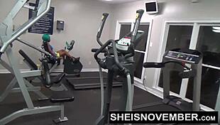 MsNovember cosplays as fit ebony working naked in gym, leading to rough standing public fuck with stranger