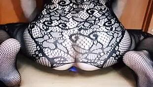 milf wife in stockings masturbates her pussy solo.