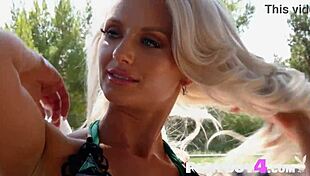 Veronica Skye, a blonde MILF with an ideal round ass, strips outdoors.