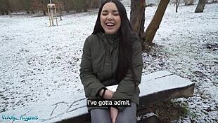 Spanish Brunette Flashes Big Natural Tits in Snowy Public Scene