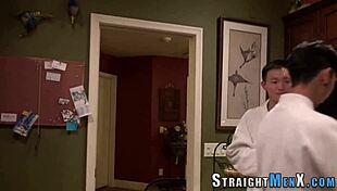 Gay Asian guy gets fucked in BDSM session with cumshot.