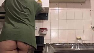 Hidden Cam Catches Maid Cleaning Kitchen with Huge Surprise Asset