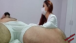 nurse and aesthetician watching patient's erection cum on ass