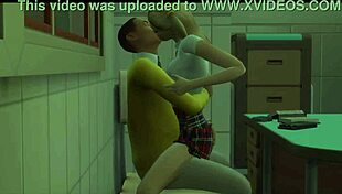 Anime professor licks brunette teen's pussy and fucks her in classroom