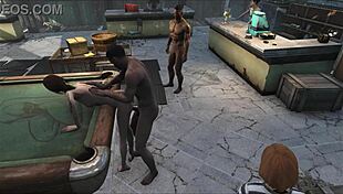 At the pool table party, brunette joins threesome on desk