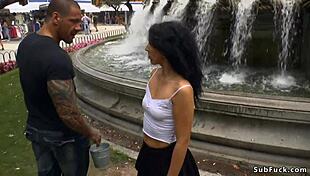 small tits slave gets banged in public shop while flashing