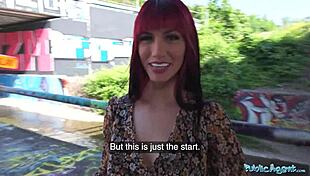 Public agent catches pretty redhead with wet pussy for sex