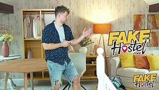 In a fake hostel, a guy cums inside a strange girl, proposes marriage, and they enjoy a threesome with big cocks and orgasms.